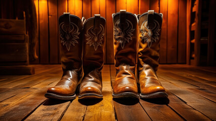 Cowboy Boots Shine on a Vibrant Wooden Stage. Wooden Charm and Cowboy Chic. Generative AI - obrazy, fototapety, plakaty