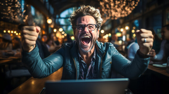 Jubilant software engineer, amid a code-filled computer screen, pumps fist in enthusiastic triumph. Ecstatic embodiment of success in programming field.