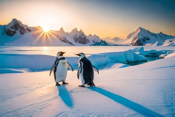 Penguins in polar region, penguins making fun, penguins walking in snow - obrazy, fototapety, plakaty