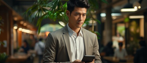 Asian office guy in the middle of a large fancy office, holding a phone in his hand and checking messages