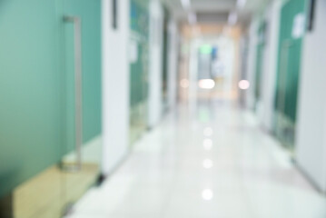 Blurred background hospital healthcare white bokeh with copy space. Blue clean bright blurry...