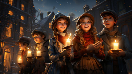 children's singing Christmas carols on the night with holding candles - obrazy, fototapety, plakaty