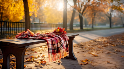 Autumn park, a forgotten warm checkered blanket lies on a bench. Romantic scene without people. - obrazy, fototapety, plakaty