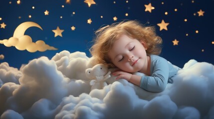 Obraz na płótnie Canvas a girl baby kid child sleep at night on cloud with stars lullaby concept relax