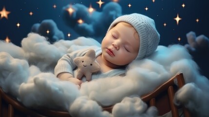 a boy baby kid child sleep at night  on cloud with stars lullaby concept relax - obrazy, fototapety, plakaty
