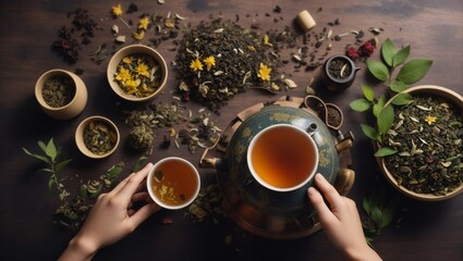 Tea brewing process, tea ceremony, cup and teapot of freshly brewed herbal natural tea flat lay. - obrazy, fototapety, plakaty