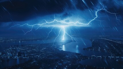 blue Lightning strikes city landscape, dangerous moment at rain season - obrazy, fototapety, plakaty
