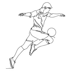 A vector illustration drawing showing the moment when a football player plays with a football ball. Continuous line drawn illustration. on isolated white background.