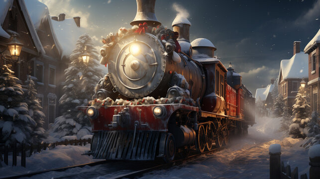 Christmas train in snowy winter background, night scene of wallpaper