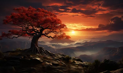 Gordijnen Tree in a mountain landscape in the light of the sun. © Andreas