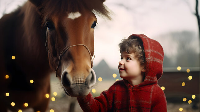 boy with santa hat hugging a horse, friendship and love concept at christmas