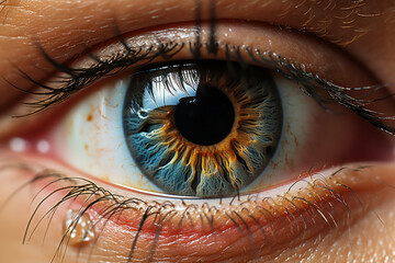 Mesmerizing detailed close-up of human eye, revealing intricate patterns and vibrant colours,...