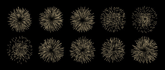 Vector set of ten fireworks isolated on a black background.