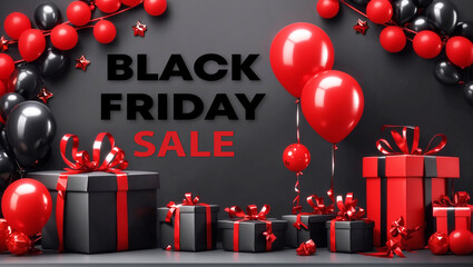 black friday sale banner with red balloon ang giftbox