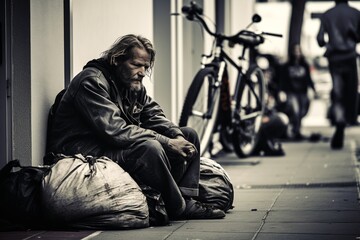 a homeless man sitting next to the sidewalk in winter with a bag - obrazy, fototapety, plakaty