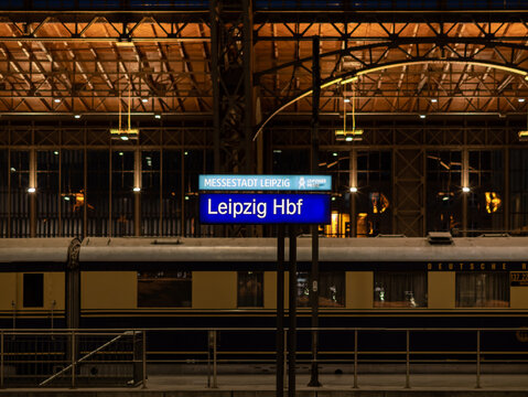 LEIPZIG, GERMANY - 20. September 2023: Leipzig Hbf sign at the main station. Location name of the travel destination. Signage for the passengers of the public transportation.