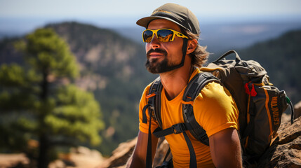 Dynamic depiction of an anxious mountaineer in Boulder, Colorado, highlighting tension and apprehension- peppered with essential climbing gear. - obrazy, fototapety, plakaty