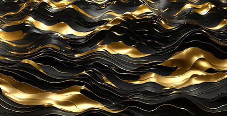 Abstract black gold luxurious noble waves texture background panorama banner for web design backdrop wallpaper illustration (Generative Ai)