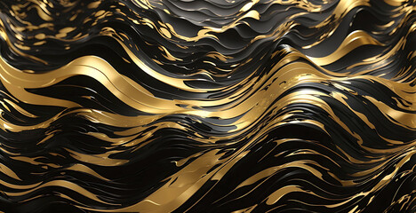 Abstract black gold luxurious noble waves texture background panorama banner for web design backdrop wallpaper illustration (Generative Ai)