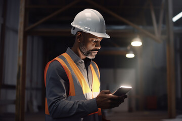 Professional male engineer worker in hard hat use tablet computer while working on factory. Black man worker on manufacture