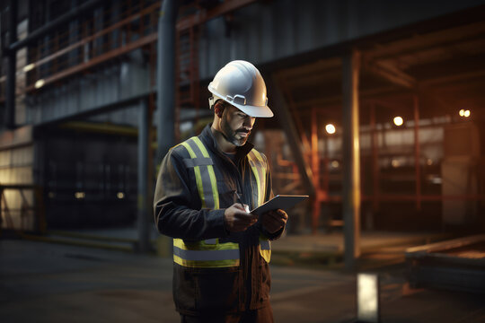 Professional Heavy Industry Male Engineer Worker In Hard Hat Use Tablet Computer While Working On Factory. Hispanic Man Worker