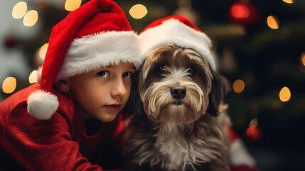 boy with santa hat hugging a dog, friendship and love concept at christmas