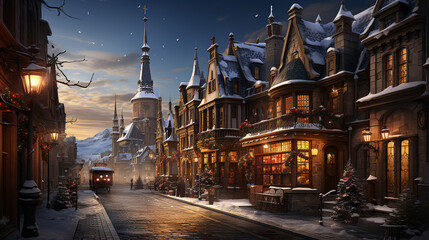 Fototapeta na wymiar Christmas houses decorations, snowy background