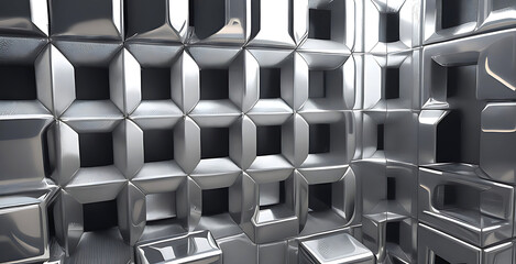Abstract geometric metallic silver 3d texture wall with squares and square cubes background banner illustration with glowing lights, textured metal wallpaper (Generative
