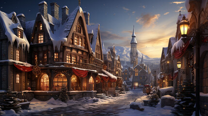 Christmas houses decorations, snowy background