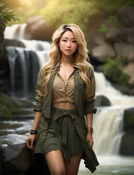 Asian woman with blonde hair by the beautiful waterfall, wearing Earth tones safari-style. Ai generative