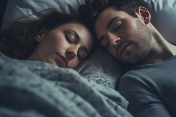 Couple of man and woman sleep head to head in the bed in their bedroom, at night.