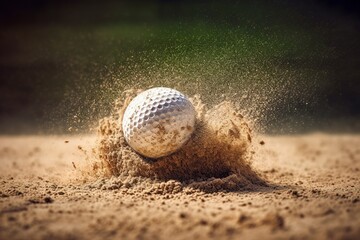 A golf ball hits the sandy ground, detail.
