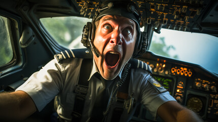 Obraz premium Tense pilot in cockpit with apprehensive expression, underlining the pressures of aviation. Ideal for concept of stress and worry within high-risk professions.