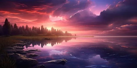 Rolgordijnen AI Generated. AI Generative. Purple pink color sunset evening nature outdoor lake with mountains landscape background. Graphic Art © AkimD