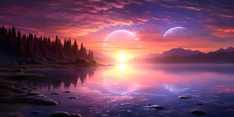 AI Generated. AI Generative. Purple pink color sunset evening nature outdoor lake with mountains landscape background. Adventure vacation relaxing vibe.