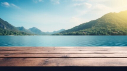 empty wooden table for display with blue lake background