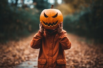 A child holding a pumpkin over his face in Halloween day , Halloween background, halloween child photos, Generative Ai 