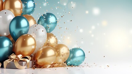 Set of dark blue and golden glossy metallic balloons with sparkles. 3D render for birthday, party, wedding or promotion banners or posters. Vibrant and realistic illustration.
