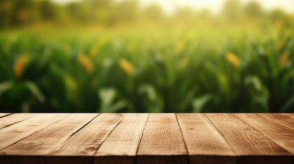 empty wooden table with green field background, in farming display product