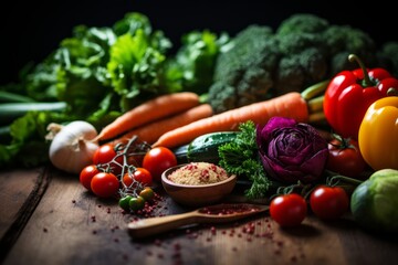 Assorted Vegetables with Wooden Spoon on Rustic Table.
Colourful vegetables and herbs on an aged wooden surface with kitchen utensils.