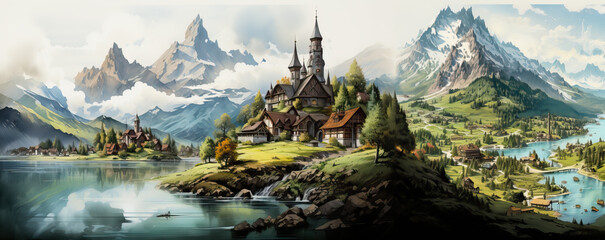 Watercolor natural mountain landscape with architectural building.