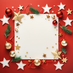 Fototapeta na wymiar Christmas frame flat lay top view. Holiday Christmas decorations on border frame background with center blank. Frame with New year ornaments.