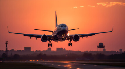 Modern passenger plane landing on the runway of the airport in the city against the backdrop of a sunset in pink and purple colors. Side view. Generation AI - obrazy, fototapety, plakaty