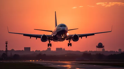 Fotobehang Modern passenger plane landing on the runway of the airport in the city against the backdrop of a sunset in pink and purple colors. Side view. Generation AI © Tetiana