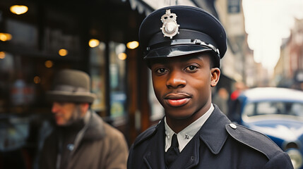 Confident and strong London policeman exuding authority, poise and self-assurance in his uniform,...