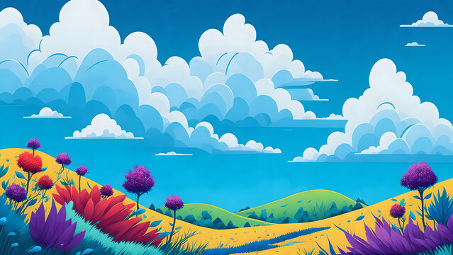 multicolor, scenery, ink, petal grassland, blue sky,white clouds, cartoon style
