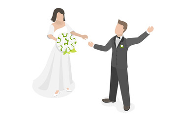 3D Isometric Flat  Conceptual Illustration of Wedding Couple, Bride and Groom