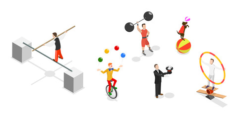 3D Isometric Flat  Set of Circus Characters, Clown, Strongman, Acrobats, Trained Animals, Hooper, Juggling Unicyclist