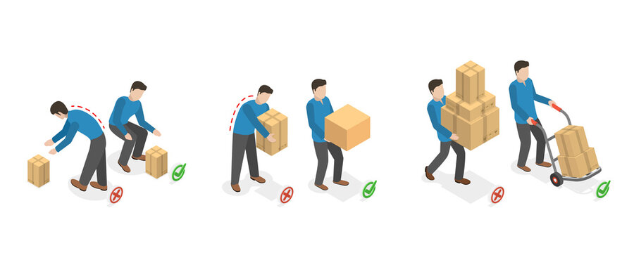 3D Isometric Flat  Conceptual Illustration of How To Carry Heavy Goods, Safe and Incorrect Weights Lifting