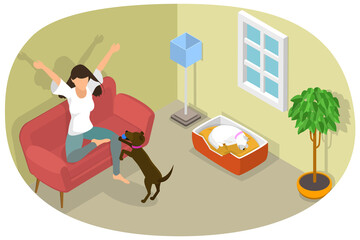 3D Isometric Flat  Conceptual Illustration of Pet at Home, People and Domestic Animals